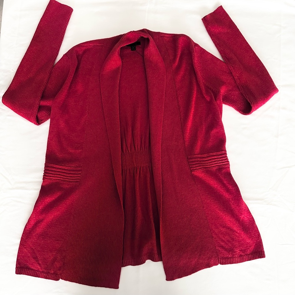 Apt. 9 Tango Red Ribbed Open-Front Cardigan Shimmery Petite Medium(8-10)